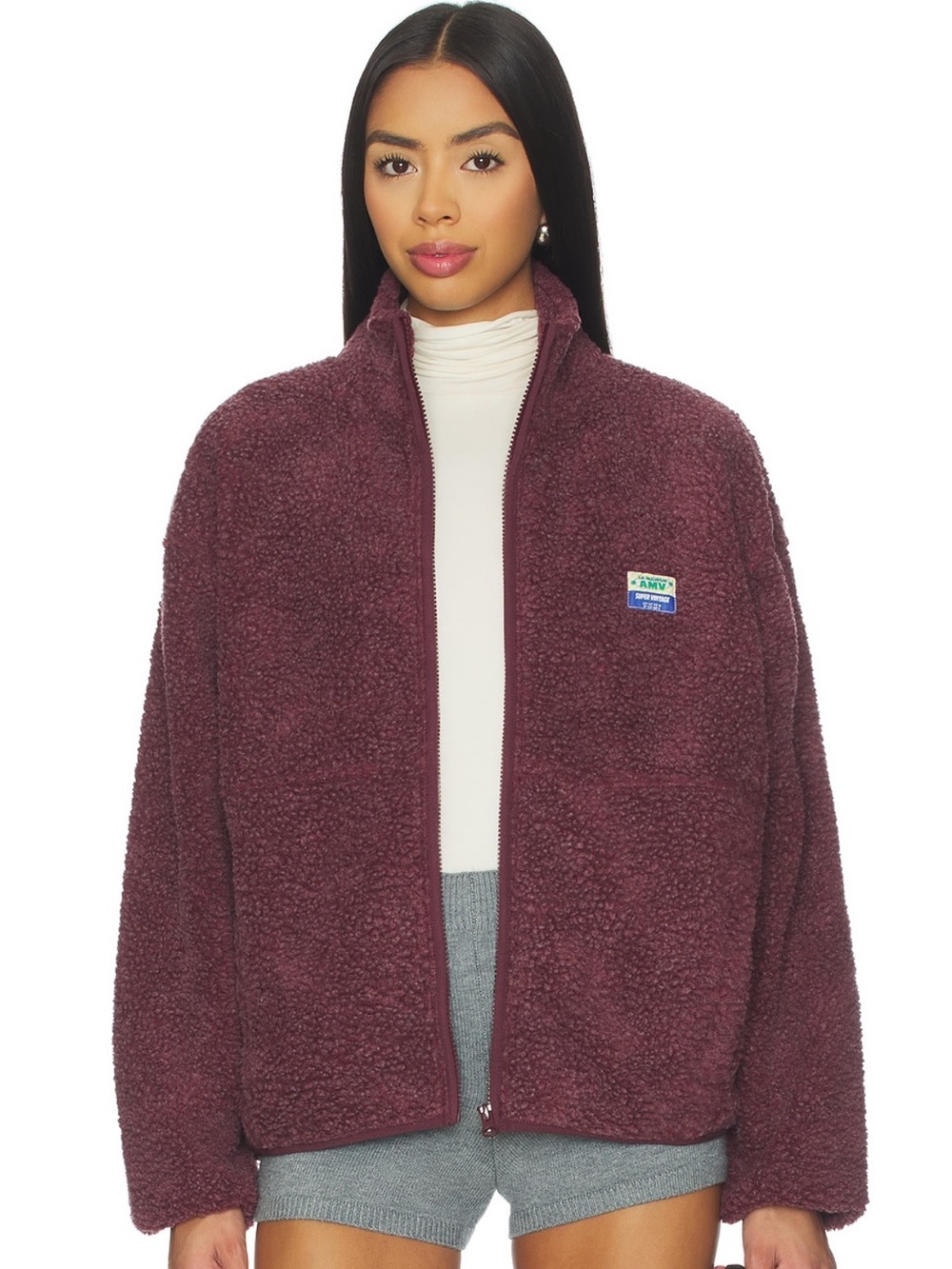 American Vintage Plush Sherpa Zip Jacket - Deep Burgundy